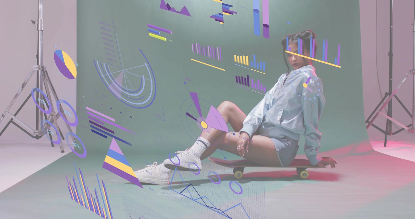 Model shifting poses on red skateboard as infographics floating highlighting marketing data