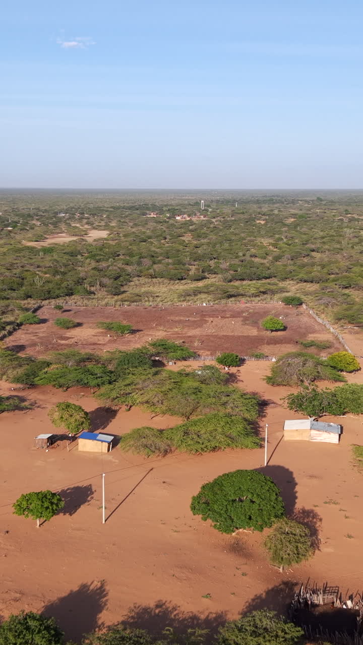 Imponerende vertikal video fanger Wayuu rancheria-bosetninger fra luften midt i ørkenvegetasjonen i La Guajira, Colombia. Klart dagslys, vidvinkel droneopptak, ideelt for sosiale medier