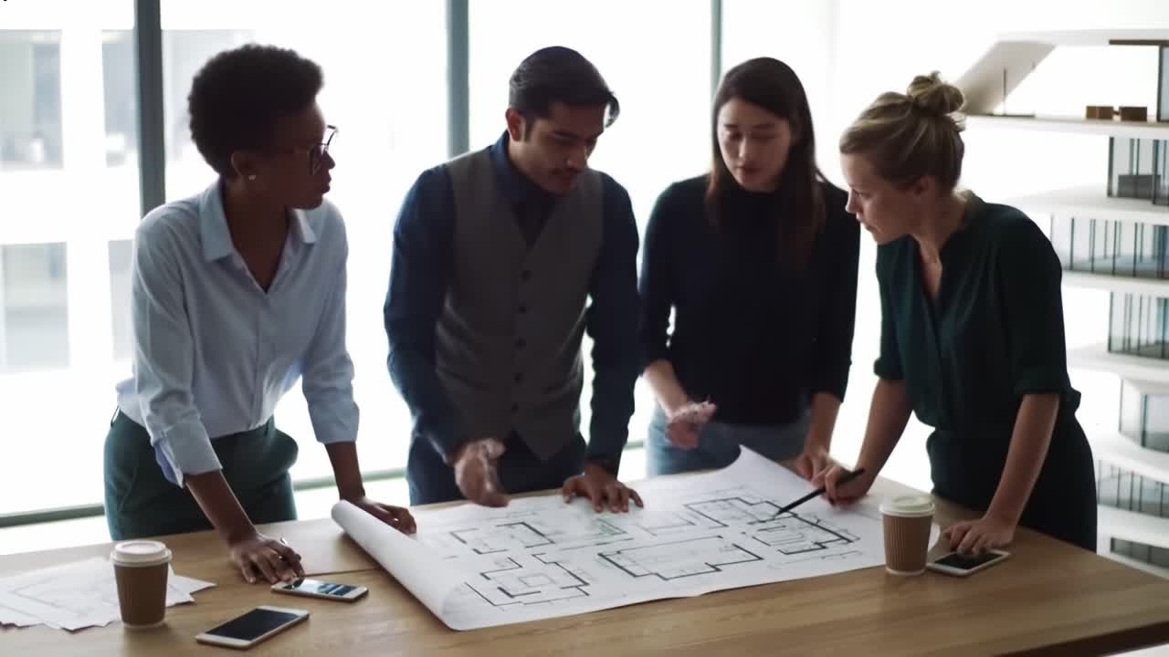Four professionals engage in a discussion about architectural plans in a bright, modern office setting. They analyze designs and share ideas while using papers and tablets.
