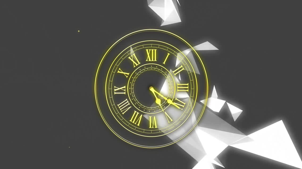 Animación de un reloj con números romanos rodeado de partículas brillantes y formas