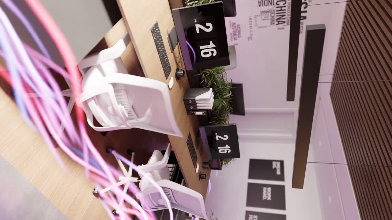 현대적인 수직 사무실 데스크은 노트북 pc와 함께 작업 환경에서 에너지 흐름으로 비어 있습니다.