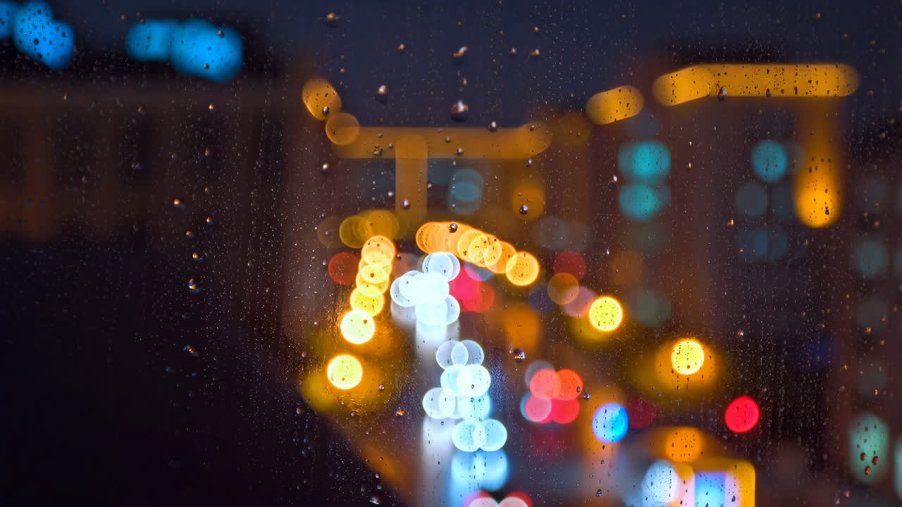 비가 오는 밤 도시의 불빛이 창문을 통해