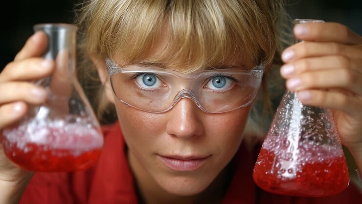 A Young Female Scientist Conducts an Exciting Chemistry Experiment, Holding Two Flasks Filled with Bubbling Red Solutions in a Laboratory Setting