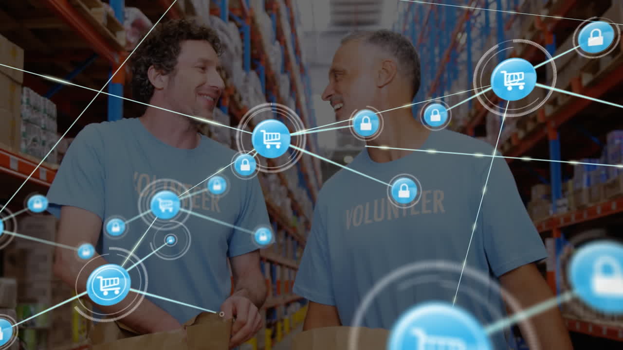 animación de iconos conectados sobre sonrientes voluntarios caucásicos con paquetes que dan el cinco.