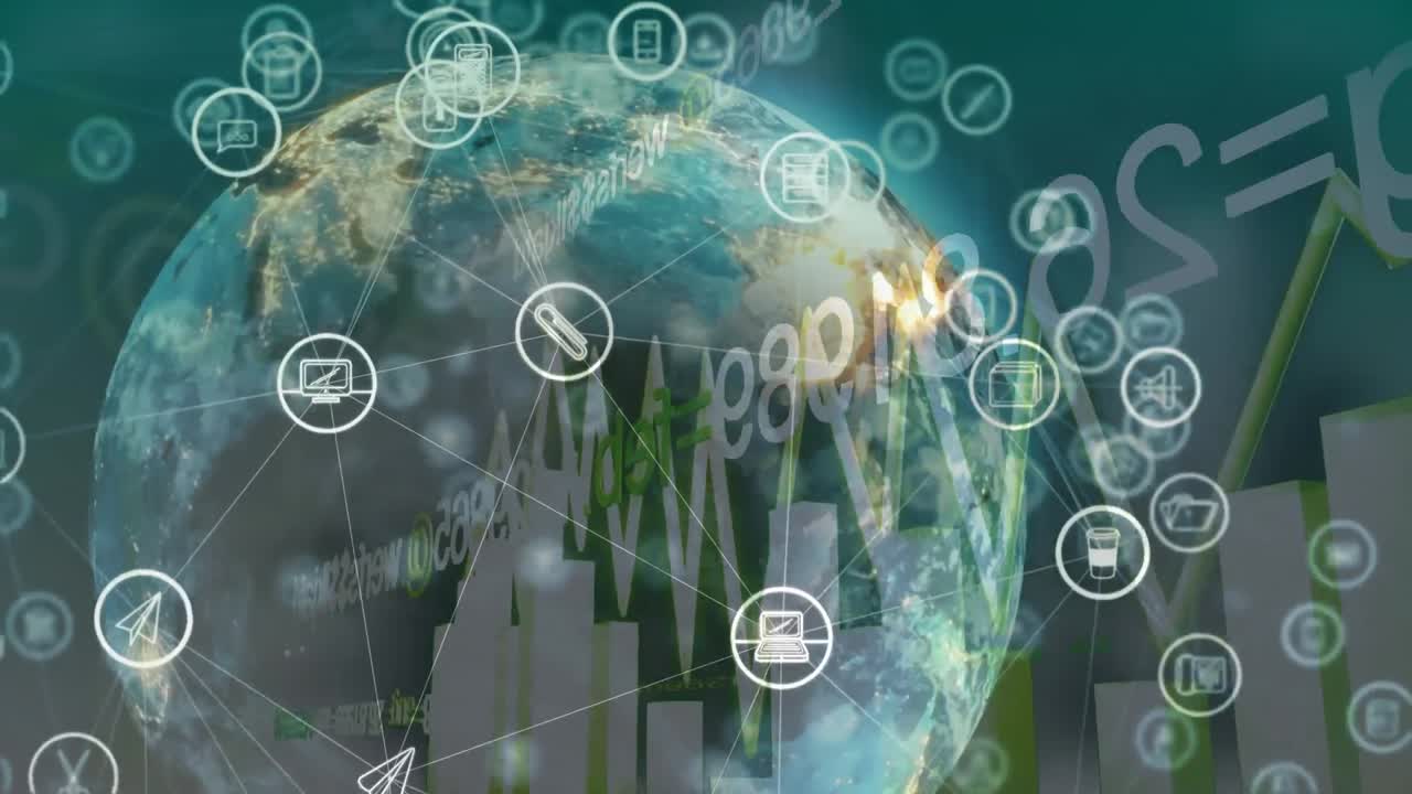 전 세계와 통계에 대한 아이콘과 연결 네트워크의 애니메이션