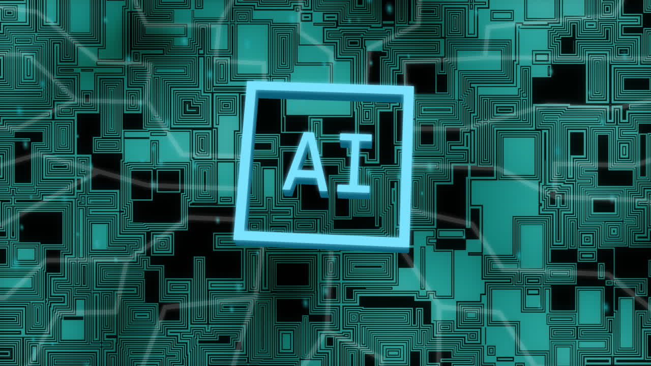 Animation of network of connections with ai text over green shapes