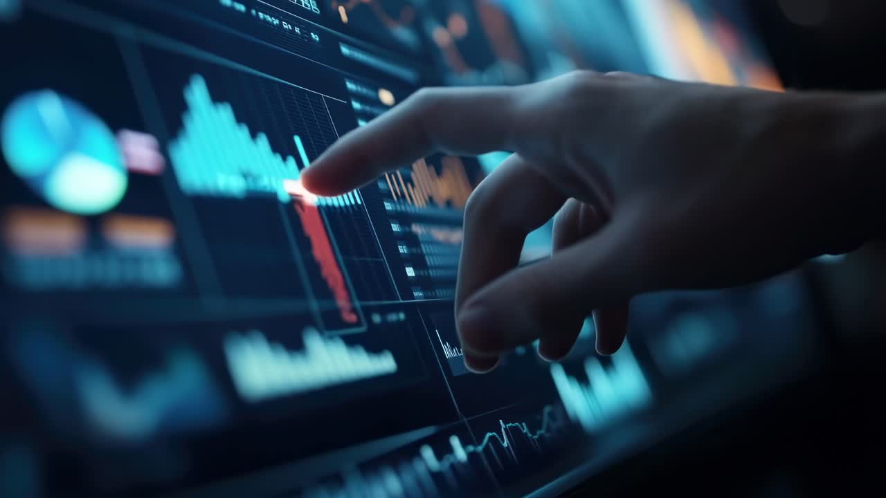 Nærbilde av en hånd med digitale diagrammer på en skjerm, vinklet for en teknologivideo