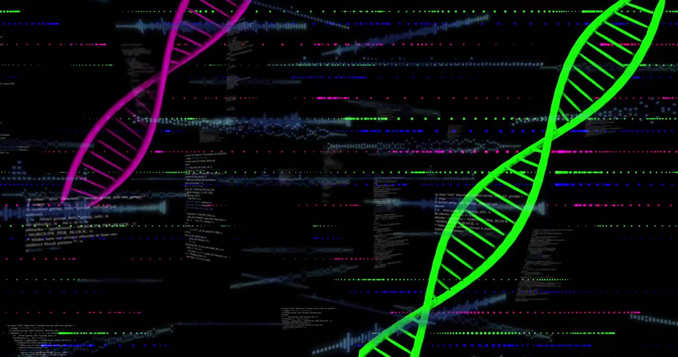 Opening glitch lines driving pulsating helices code forming revealing skyline showing data flow