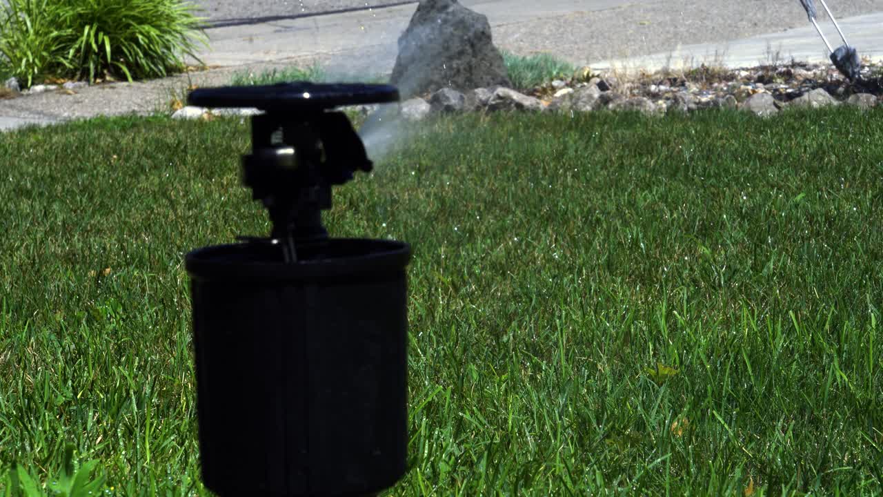 Primo piano di un irrigatore che innaffia un prato rigoglioso