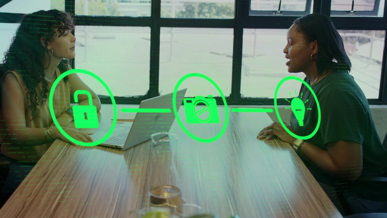 Left woman gesturing at laptop, starting green icons flowing to right woman, showing business flow