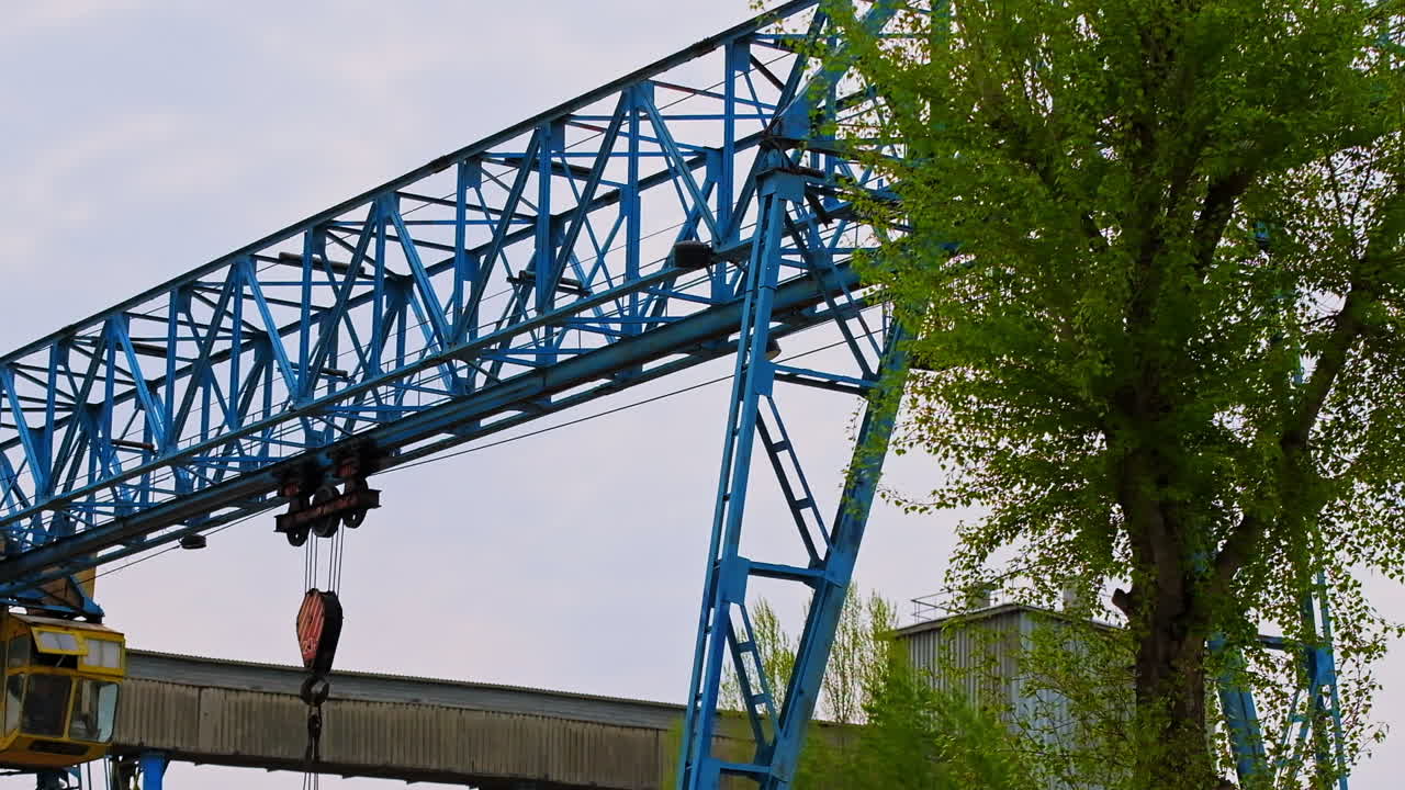 Metal blue crane with automated hook in the middle and hanging cable. Green tree growing at the territory beside the crane.