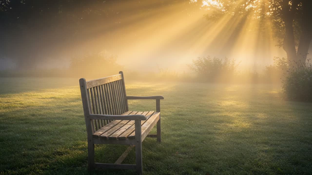 A Serene Morning Scene with Sunlight Streaming Through Mist, Illuminating a Wooden Bench in a Tranquil Park Setting, Evoking Calm and Reflection