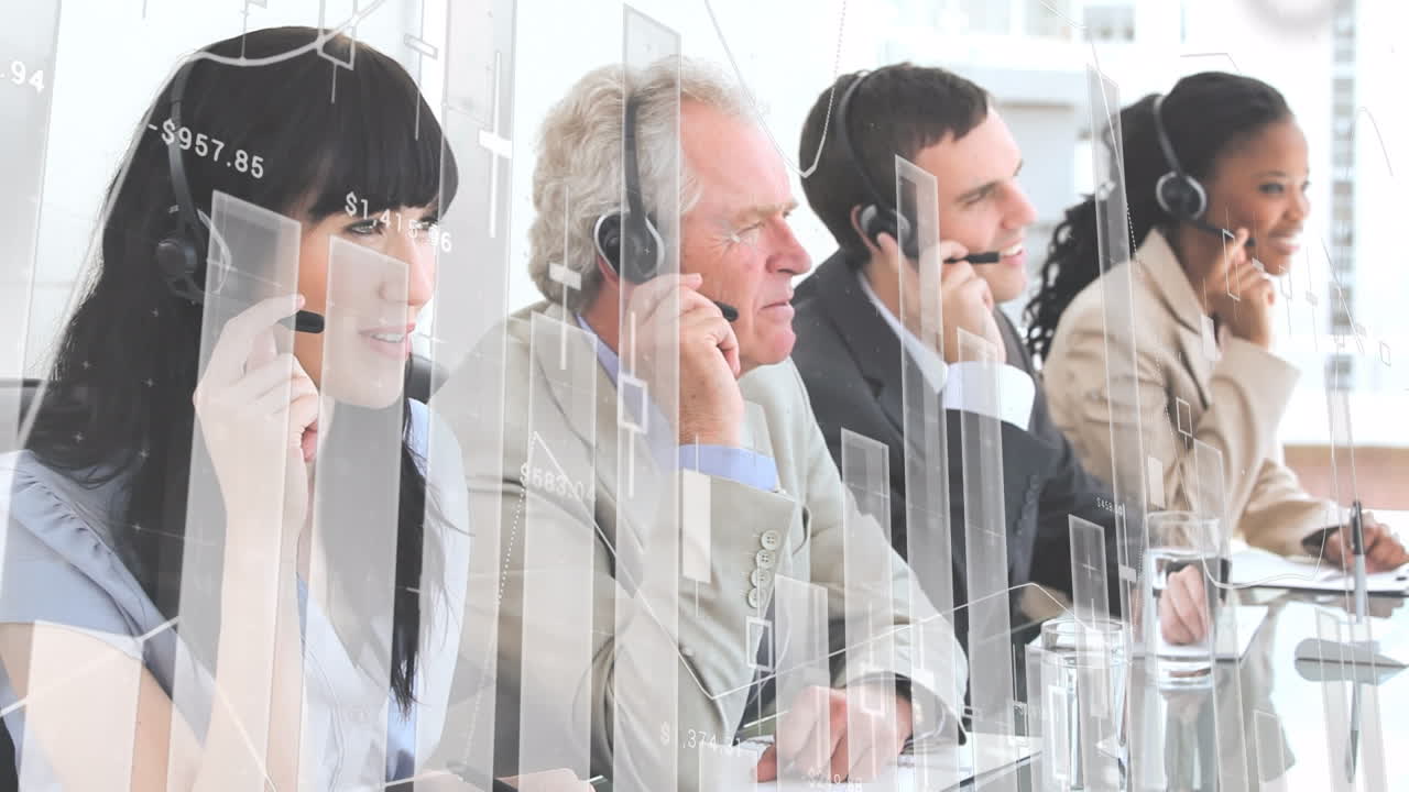 헤드 ⁇ 을 사용하는 다양한 사업가들을 대상으로 통계 및 금융 데이터 처리의 애니메이션