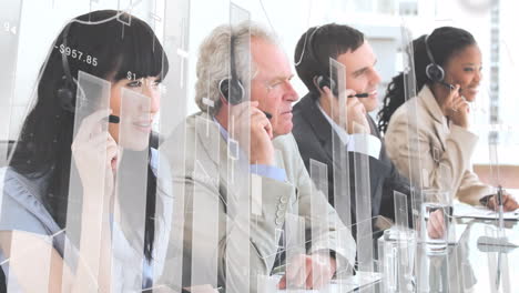 animation of statistics and financial data processing over diverse business people using headsets