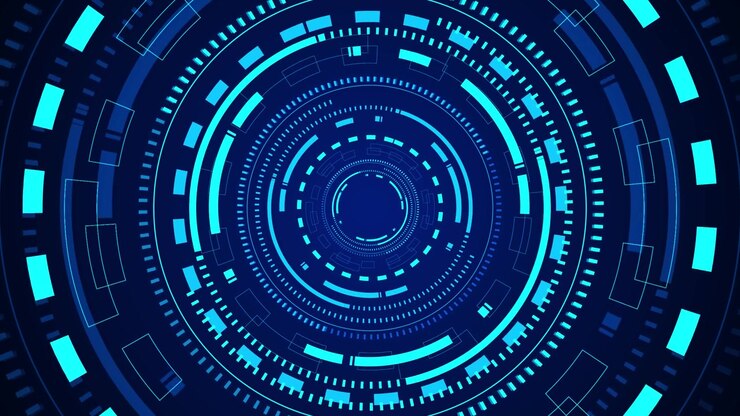 Blue circular hud interface background with cyan concentric rings segmented tech marks radial depth