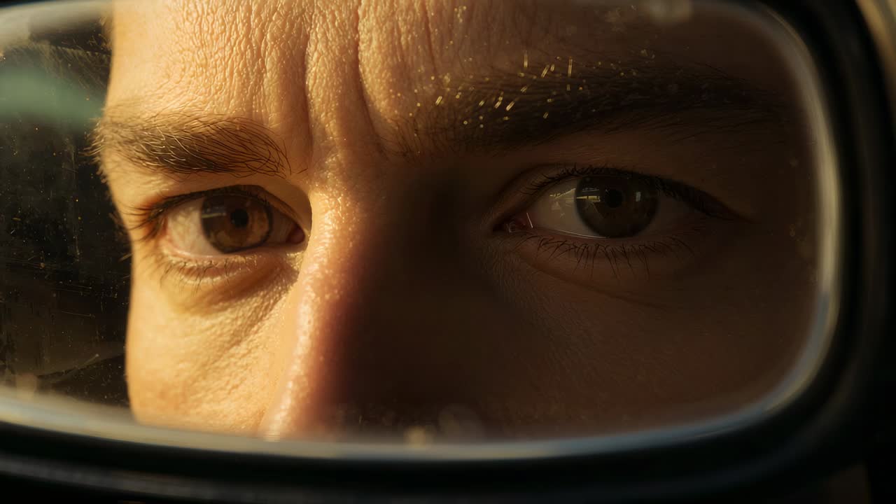 Uomo adulto che regola lo sguardo nello specchietto retrovisore mentre la luce del sole a bassa angolazione provoca un breve strabismo