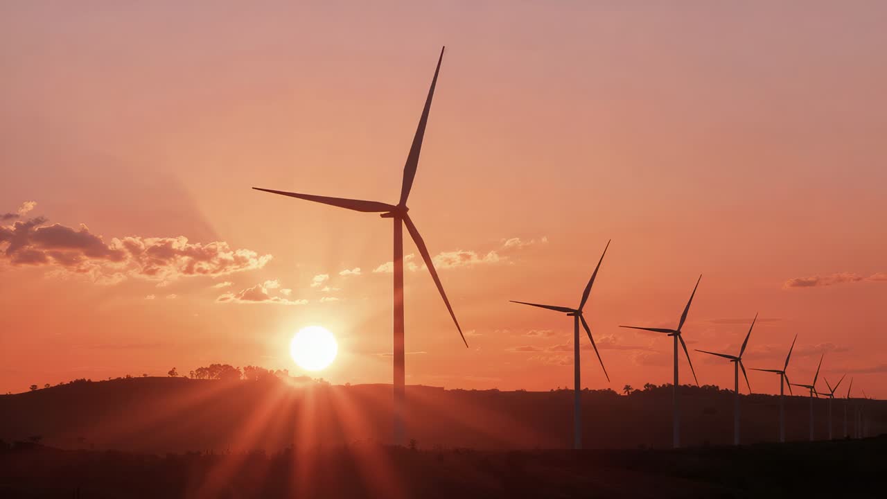 Com o sol se pondo atrás do horizonte, fileira de turbinas eólicas girando nas colinas, gerando energia