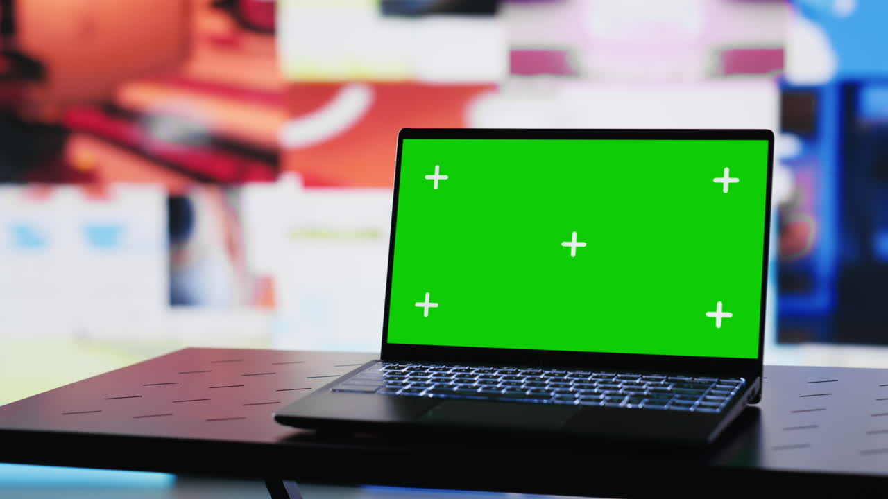 Laptop running isolated chroma key screen next to social media platforms