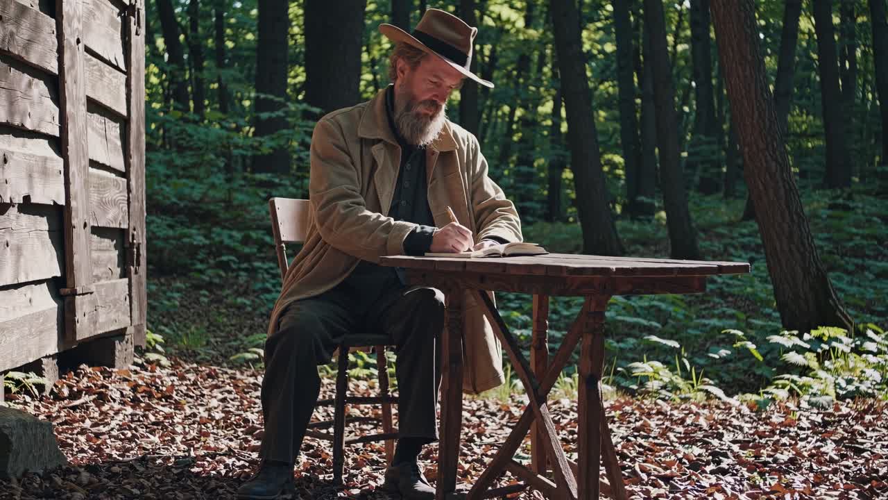 A man stands in a sunlit forest clearing near a cabin, captured from a low-angle shot