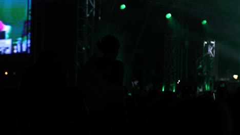 silhouettes of exited fans at night concert, bright neon stage with golden lights, slow motion