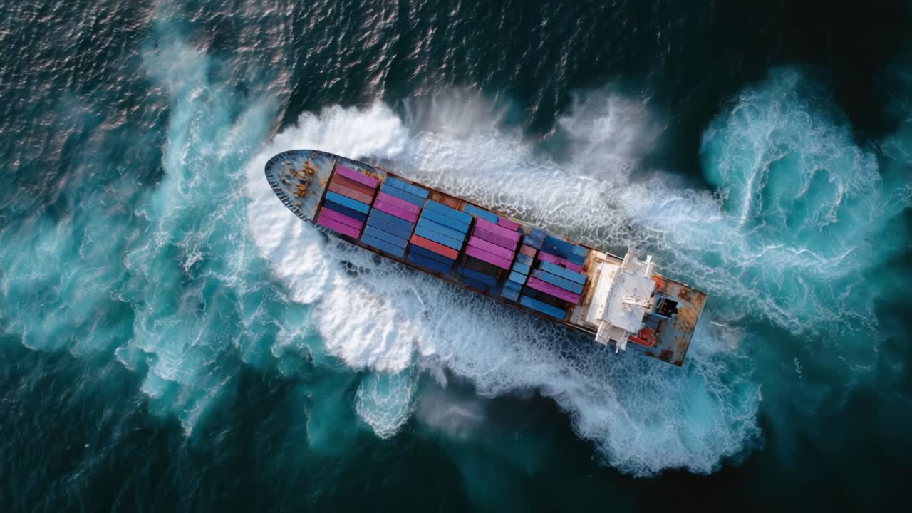 Majestic Container Ship Navigating Through Turbulent Waters with Vibrant Cargo in aerial Perspective, Showcasing the Power of Maritime Transport and Shipping Industry