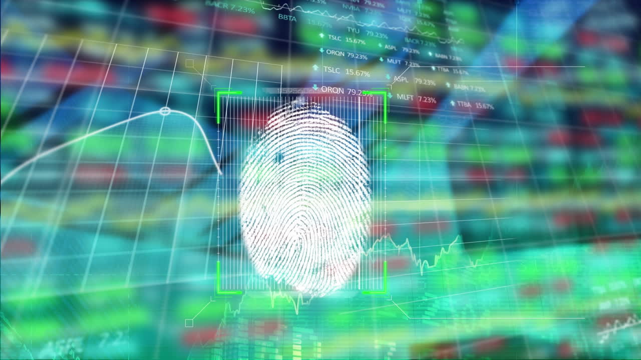 Animation of biometric fingerprint scanner against financial and stock market data processing