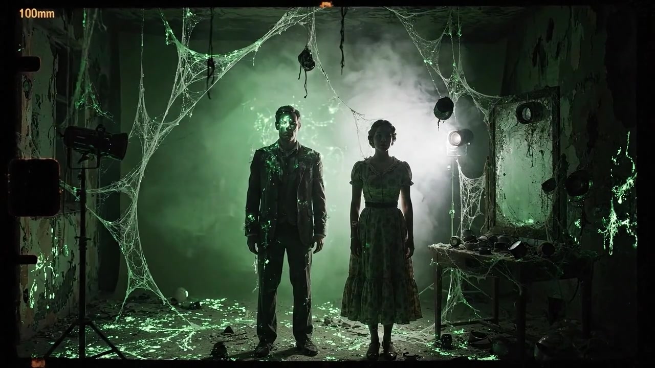 Incontro inquietante: Due figure in una rete di mistero e intrighi in una stanza in penombra con un bagliore verde minaccioso e un'atmosfera spettrale