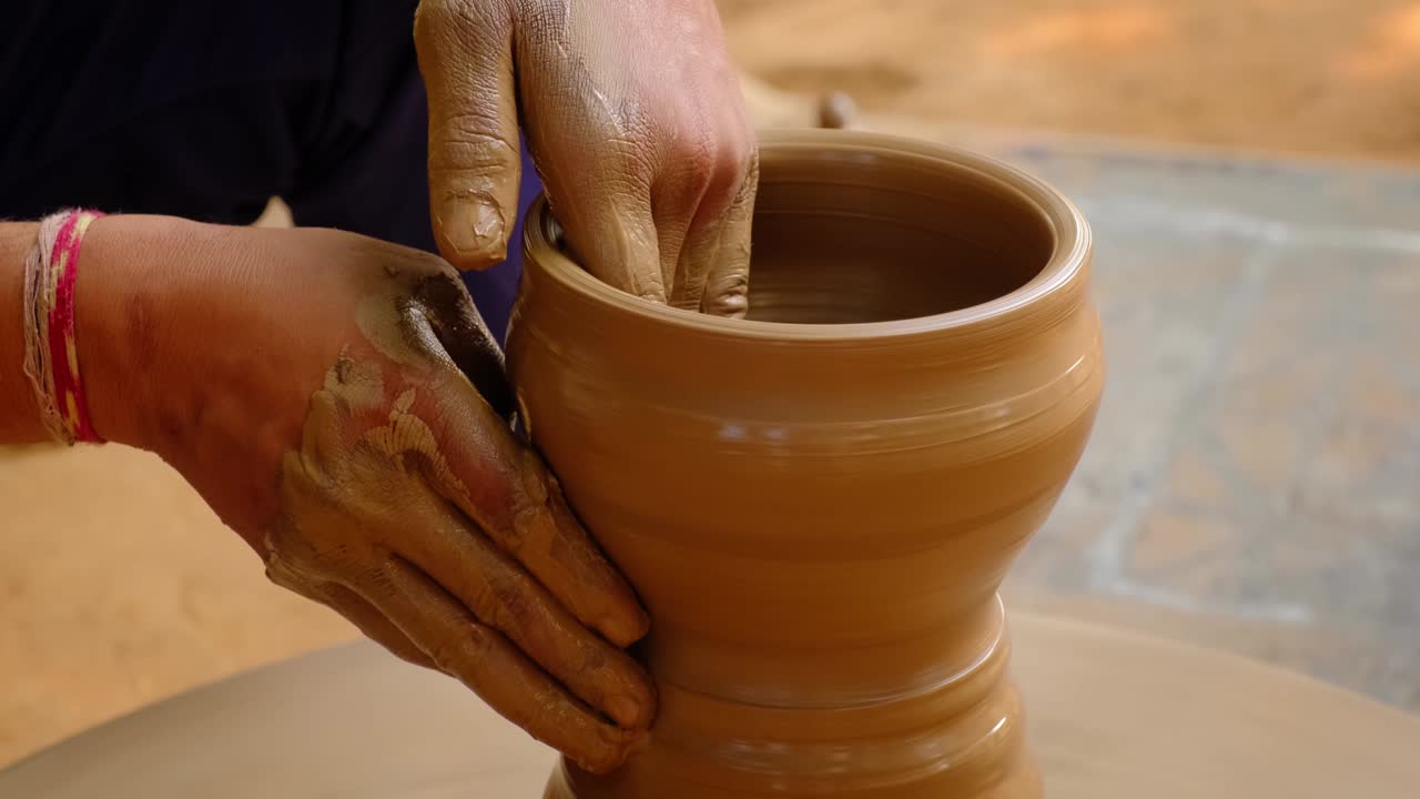 Pottery - skilled wet hands of potter shaping the clay on potter wheel. Pot, vase throwing. Manufacturing traditional handicraft Indian bowl, jar, pot, jug. Shilpagram, Udaipur, Rajasthan, India