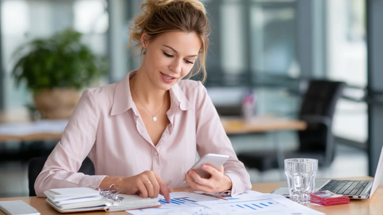 Uma jovem profissional interage com seu smartphone enquanto analisa relatórios comerciais e demonstrações financeiras em um ambiente de escritório moderno