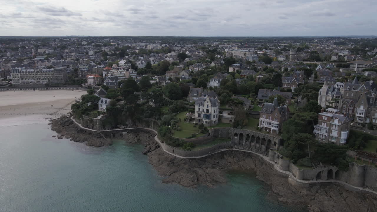 Plage de l'Écluse or Ecluse beach with Dinard city and coastline, Brittany in France