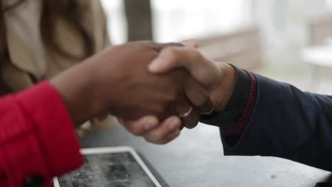 close up shot of womans and mans shaking hands, making deal