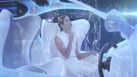 Digital-composition-of-network-of-connections-against-woman-sitting-in-futuristic-car-self-driving-a