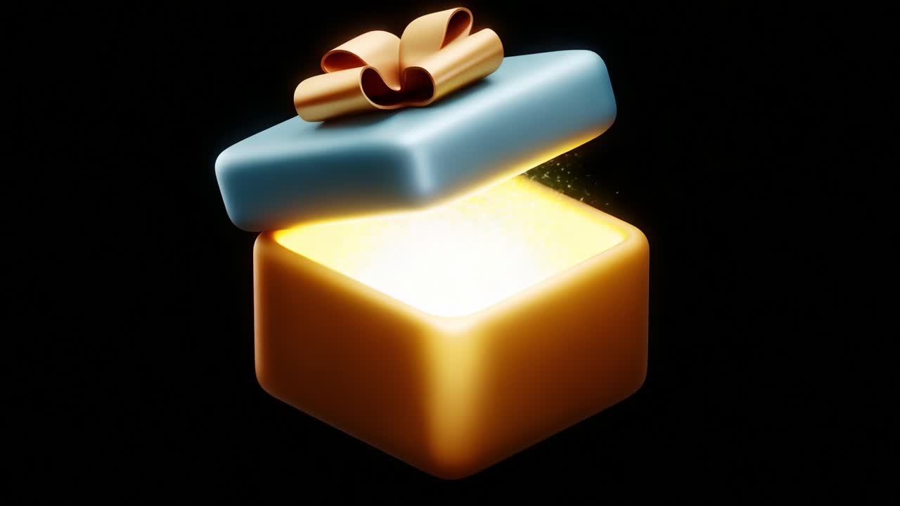 A beautifully designed gift box opens to reveal a radiant golden interior, sparkling with a magical glow that evokes feelings of joy and surprise