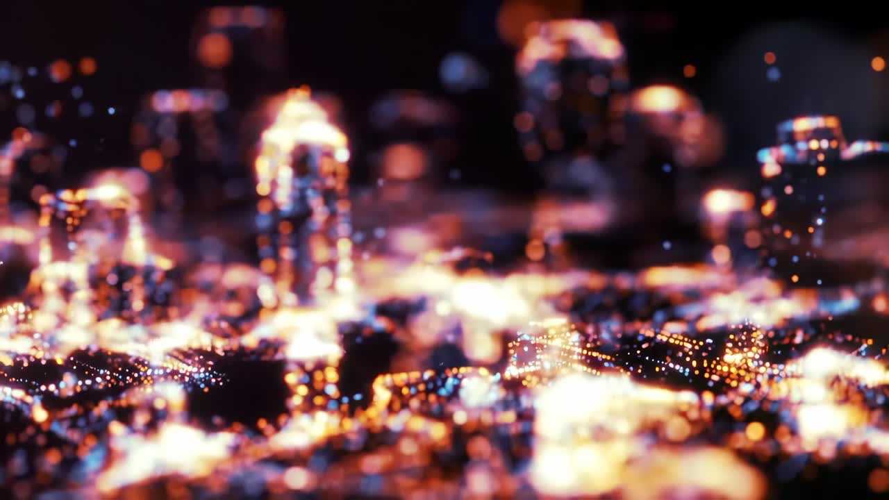 Visual journey through a vibrant cityscape illuminated at night with shimmering lights and abstract forms