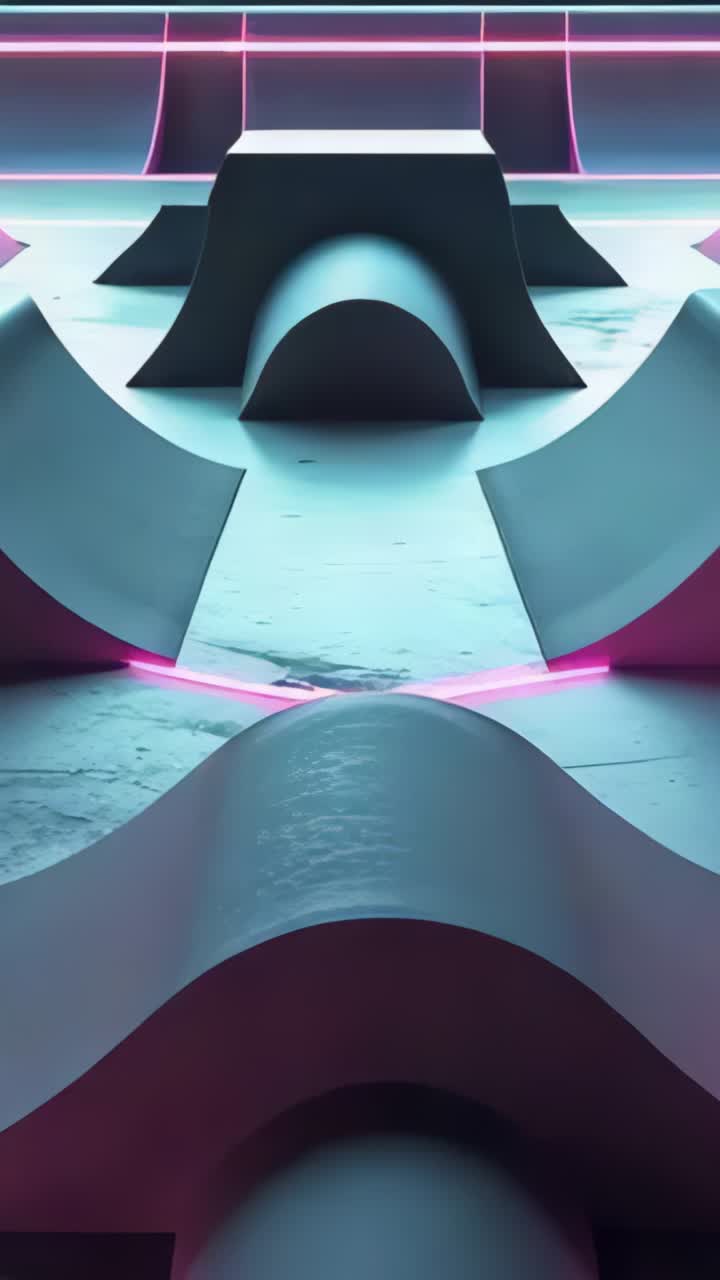 Vertical video: Starting virtual camera moving forward-down in neon tunnel, revealing arch echoes