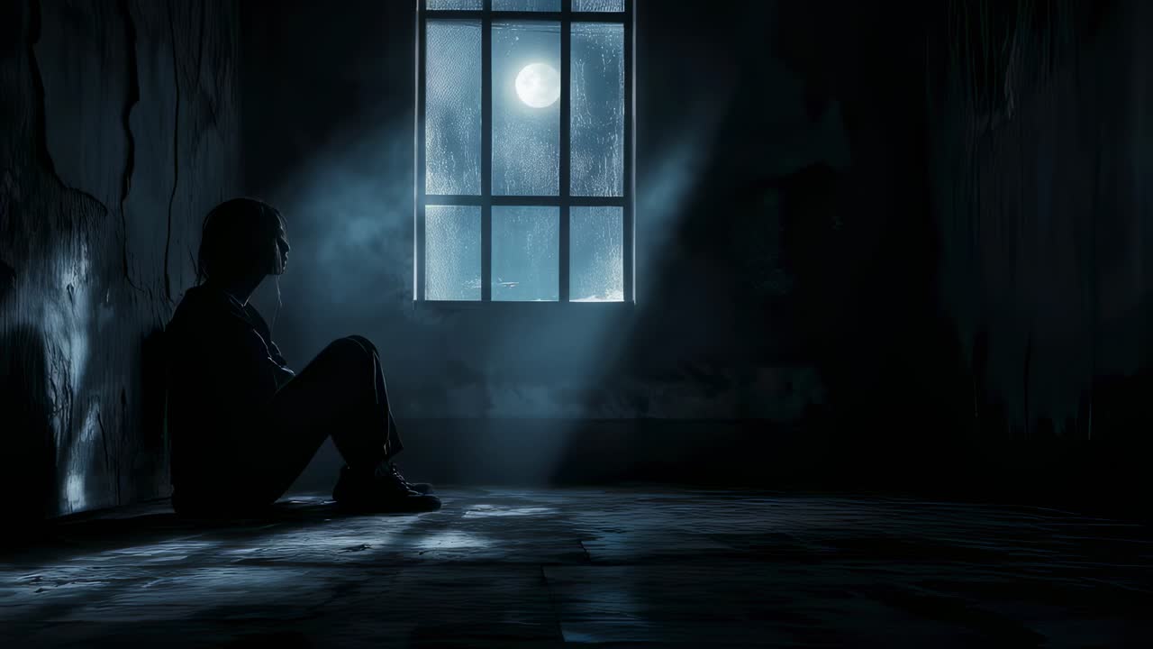 Solitary female experiencing deep emotional distress, sitting motionless in shadowy room, moonlight casting soft illumination through window, embodying profound inner psychological struggle