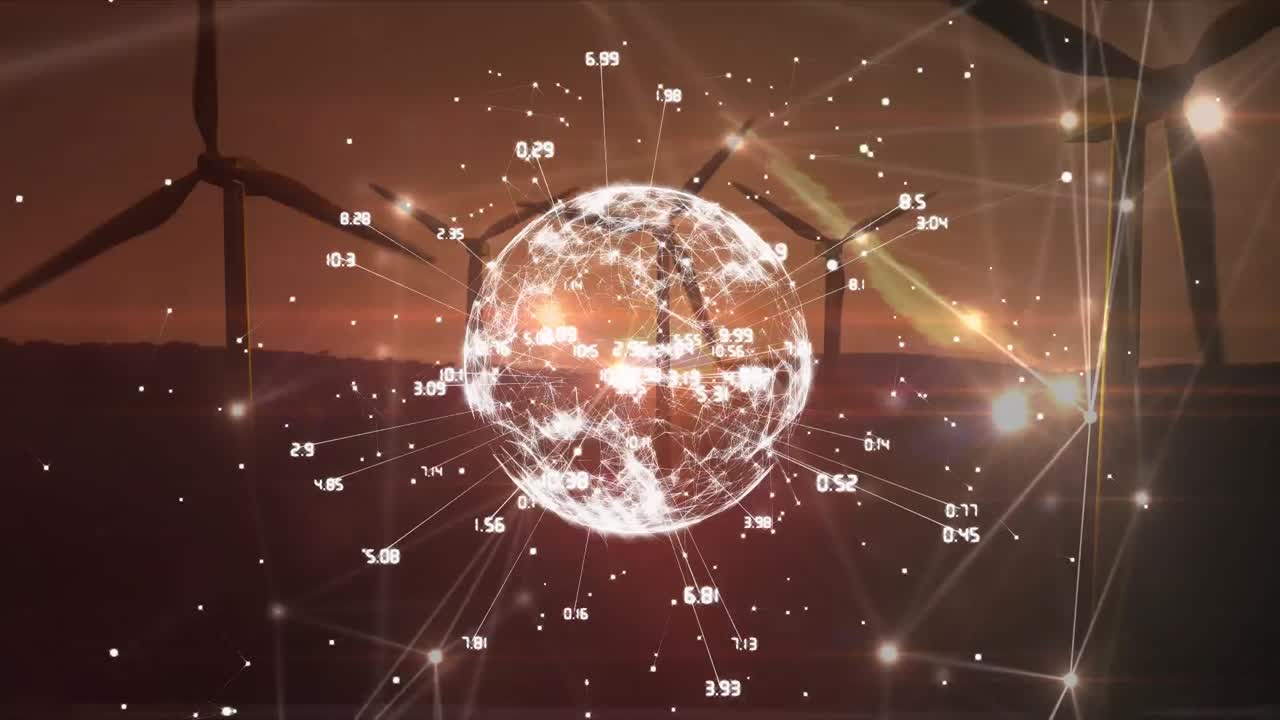 배경에서 회전하는 풍차에 대한 연결 네트워크의 지구의 디지털 애니메이션