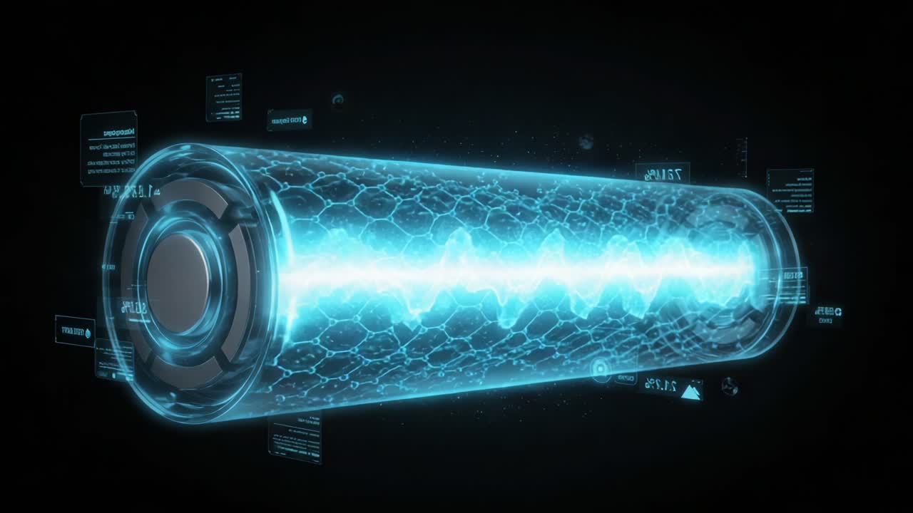 Futuristic Transparent Battery with Glowing Waveforms: A Showcase of Advanced Energy Storage Technology and Digital Interface Representations in a Dark Environment