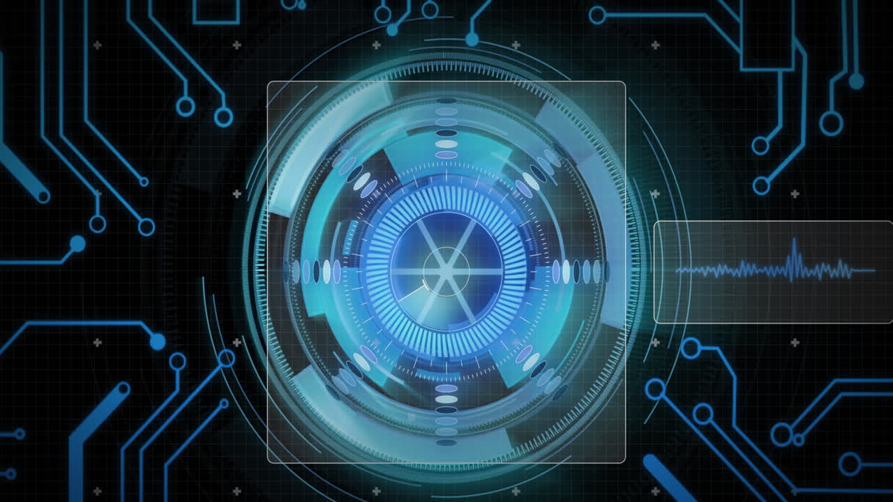 Animation of data processing with scope scanning on black background