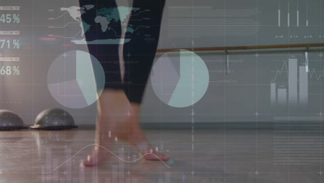 animation of statistics and data processing over female ballet dancer's legs