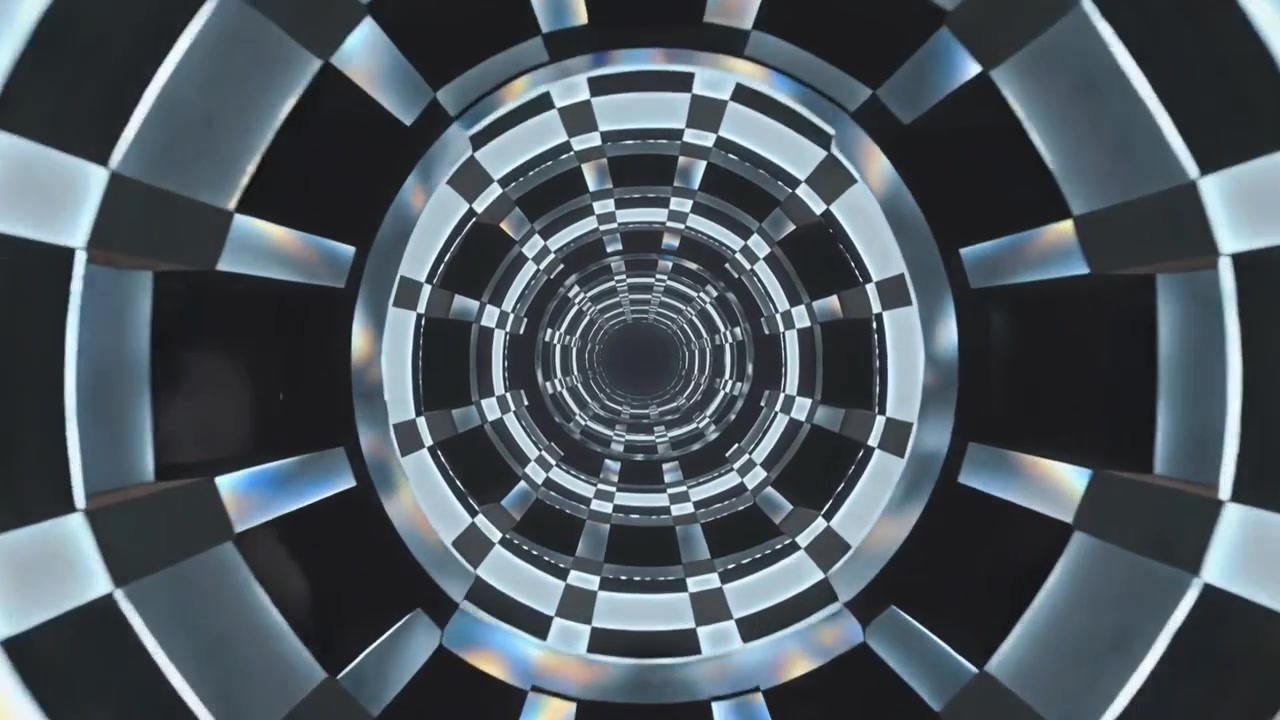 Tunnel ad anello rotante che causa una compressione verso l'interno in un vuoto CG, mostrando piastrelle a scacchiera iridescenti.