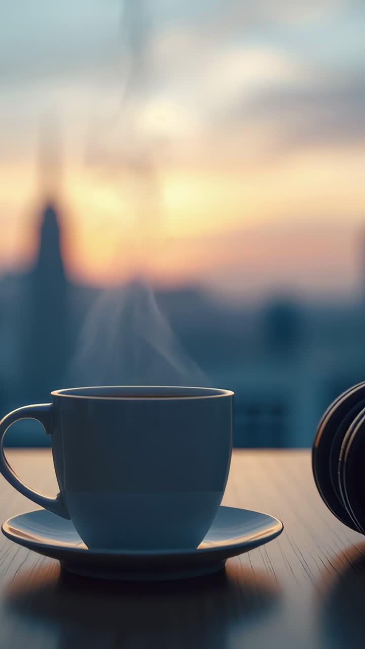 Vertical video: Steam rising from white coffee cup and saucer by window at sunrise, with headphones