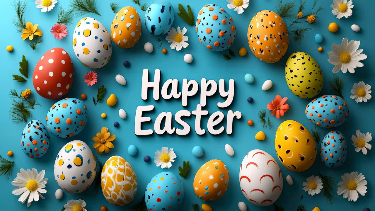 Uova di Pasqua e fiori colorati. Uova decorate colorate circondate da fiori celebrano la Pasqua su una superficie blu brillante con un messaggio festivo
