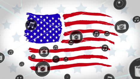 animation of network of connections with icons and flag of usa