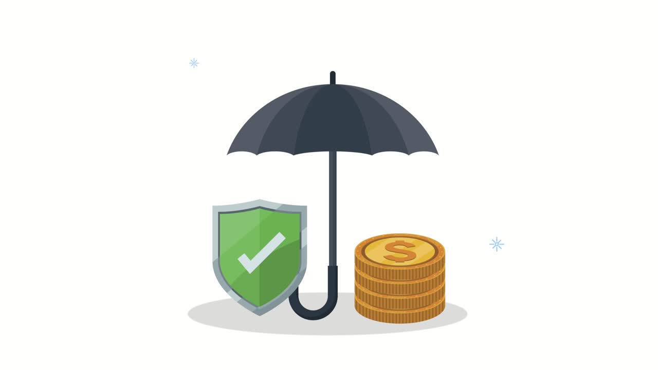 insurance service animation umbrella and shield with coins
