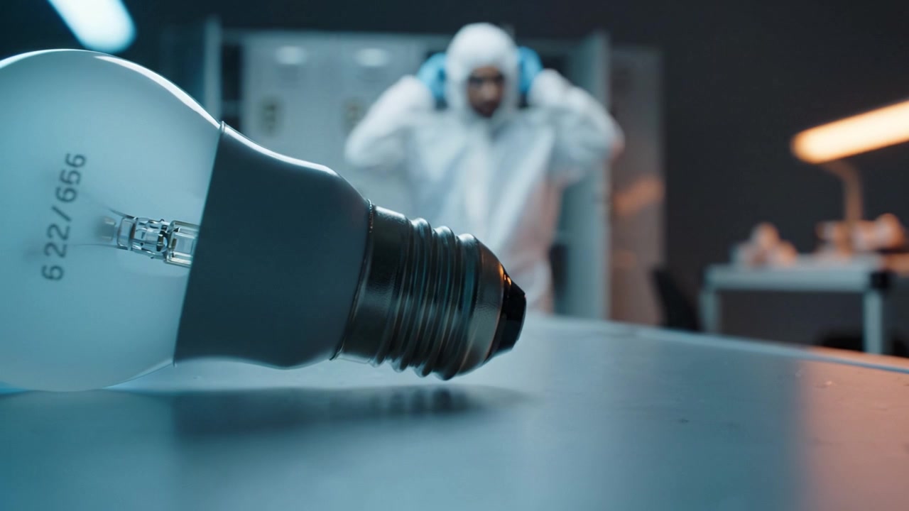 Una lampadina luminosa illumina un ambiente di laboratorio mentre una figura invisibile lavora diligentemente sullo sfondo, creando un'atmosfera di innovazione e scoperta.