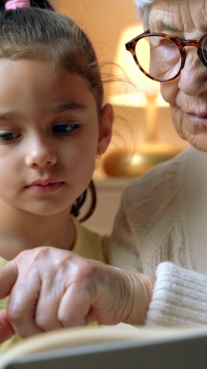 Video verticale: Nonna con gli occhiali che indica e guida un bambino sul divano sotto una lampada, tracciando le righe di un libro