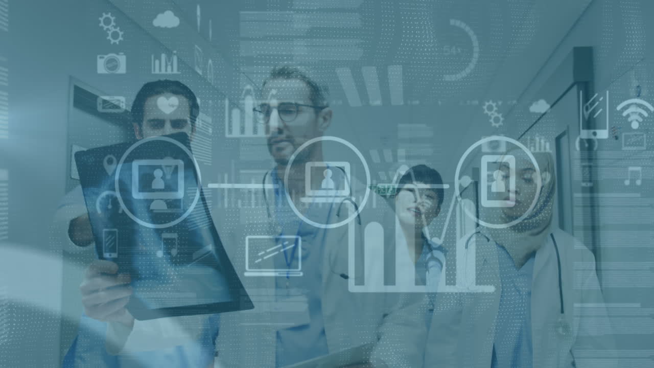 animación del procesamiento de datos sobre el equipo de médicos discutiendo sobre los informes en el pasillo del hospital