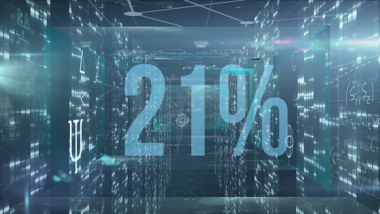 파란색 배경에 모자이크 사각형으로 여러 화면에서 증가하는 비율의 애니메이션.