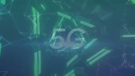 Animation-of-5g-text-banner-and-plexus-network-against-neon-tunnel-spinning-in-seamless-pattern